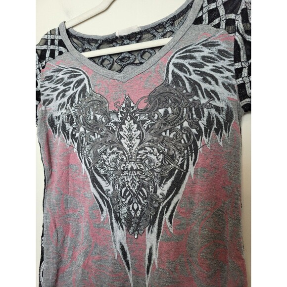 Angels & Diamonds Graphic T-Shirt Demonia Affliction Goth Emo Grunge Mesh Small - Picture 3 of 12